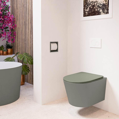 Mondiaz LAVIE hangtoilet – spoelrandloos – 36 x 53 cm – met softclose zitting – Smoke (lichtbruin), zitting Army (groen)