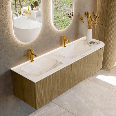 Mondiaz KURVE-DLUX Ensemble de meuble de salle de bains - 155x46x40cm - 2 tiroirs - 1 porte - vasque solid surface - double / gauche - 2 trous de robinet - Dusk