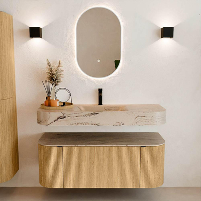 MONDIAZ THOR-DLUX Meuble de salle de bains 120cm arrondi gauche + droite couleur Oak avec 1 tiroir et 2 portes. Vasque suspendue CLOUD Milieu 1 trou de robinet couleur Arena.