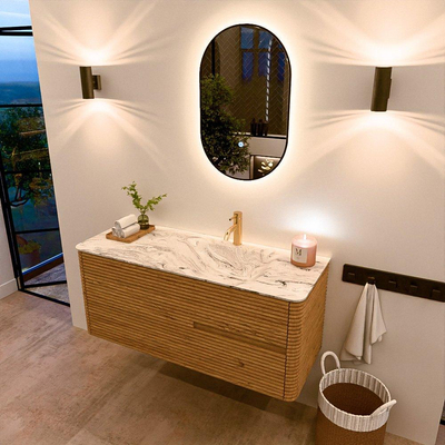 Mondiaz CIRO-DLUX Meuble de salle de bains - 120x45x50cm - Plan vasque solid surface Glace - 1 lavabo à droite - 1 trou de robinet - 2 tiroirs - Chêne