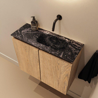 MONDIAZ TURE-DLUX Meuble de toilettes 60 cm Washed Oak. Lavabo EDEN Lava position droite. Sans trou de robinet.