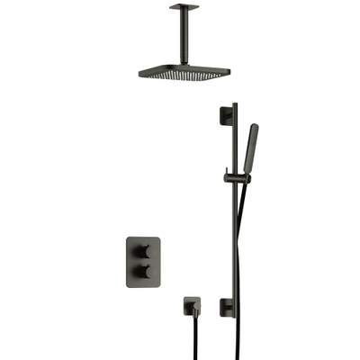 Hotbath Gal IBS40A Ensemble de douche - encastré - douche principale carrée de 22 cm - bras plafond de 15 cm - douchette à main - avec barre de douche - gunmetal brossé PVD