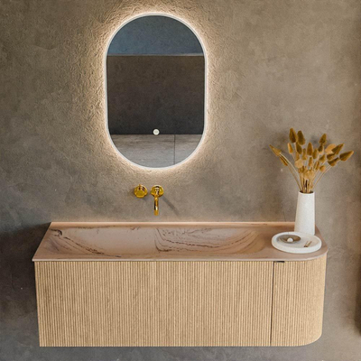 MONDIAZ KURVE-DLUX Meuble de salle de bains 125cm arrondi à droite couleur Chêne avec 1 tiroir et 1 porte. Lavabo BIG MEDIUM à gauche sans trou de robinet Arena.