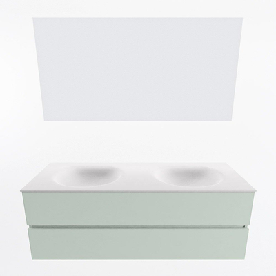 Mondiaz VICA ensemble de meuble de salle de bain - 140cm - meuble sous-vasque greey - 2 tiroirs - lavabo moon double - sans trous de robinet - couleur talc - miroir LED - version XL 60cm de haut