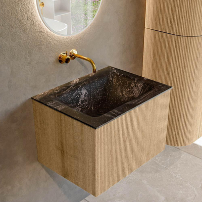 MONDIAZ KURVE-DLUX 60cm badmeubel kleur Oak met 1 lade. Wastafel CLOUD midden zonder kraangat kleur Lava.