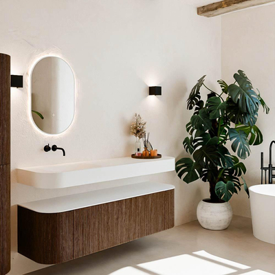 MONDIAZ THOR Meuble de salle de bains 160cm arrondi gauche + droite couleur Walnut avec 1 tiroir et 2 portes. Vasque suspendue CLOUD Gauche sans trou de robinet couleur Talc.