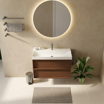 Saniclass Holz Frame Ensemble meuble de salle de bains - 100x45x67.5cm - lavabo Wave en céramique - 1 vasque - 1 trou de robinetterie - 2 tiroirs - noyer pur mat (bois)