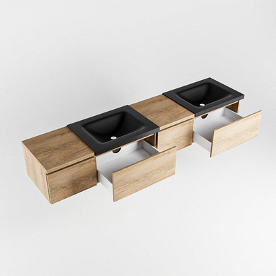 MONDIAZ BUKLA 200cm ensemble de meuble avec module 40 à droite couleur Chêne blanchi avec 4 tiroirs. Lavabo CLOUD double 0 trou de robinet couleur Urbaine.