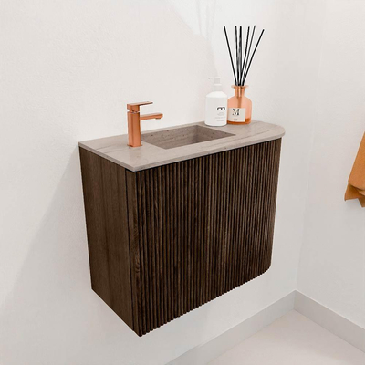 Mondiaz JOYA-DLUX 51.6cm toiletmeubel - ronding rechts kleur Walnut - Wastafel FAYE positie Links 1 kraangat kleur Saba.