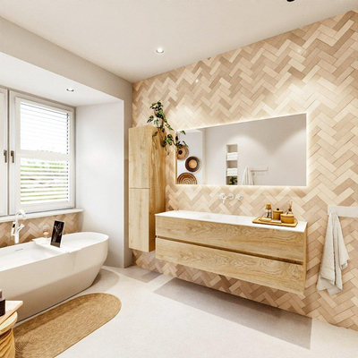 MONDIAZ VICA 150cm badmeubel onderkast Washed Oak 2 lades. Wastafel CLOUD midden zonder kraangat, kleur Talc.