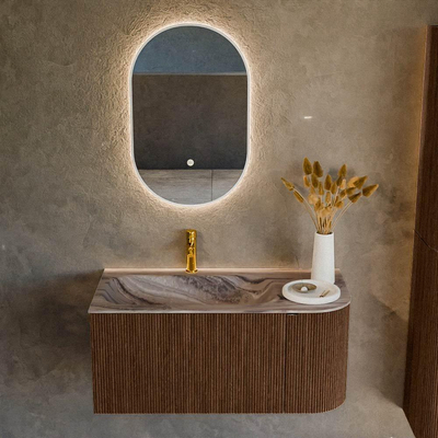 MONDIAZ KURVE-DLUX meuble de salle de bains 95cm arrondi à droite couleur noyer avec 1 tiroir et 1 porte. Vasque BIG SMALL gauche 1 trou de robinetterie Sombra.