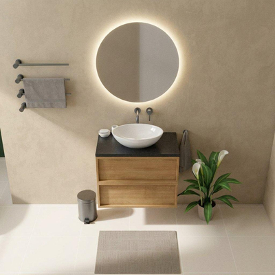 Saniclass Holz Frame Ensemble meuble de salle de bains - 80x45x63cm - Plan vasque en basalte Noche poli (noir) - sans trou de robinet - 2 tiroirs - chêne natural mat (bois)