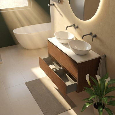 Saniclass Holz Pure Ensemble de meubles de salle de bains - 120x45x62.5cm - Plan de toilette Torino en solid surface blanc - sans trou de robinet - 4 tiroirs - walnut pure mat (bois)