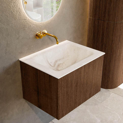 MONDIAZ KURVE-DLUX 60cm badmeubel kleur Walnut met 1 lade. Wastafel CLOUD midden zonder kraangat kleur Frappe.