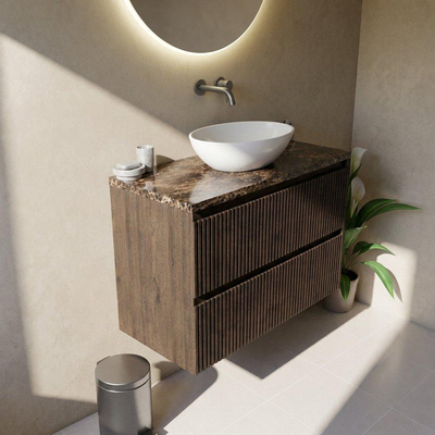Saniclass Holz Atelier Ensemble de meubles de salle de bains - 100x45x63cm - Plan en pierre naturelle Noche dark emperador - sans trou de robinetterie - 2 tiroirs - chêne charcoal mat (bois)