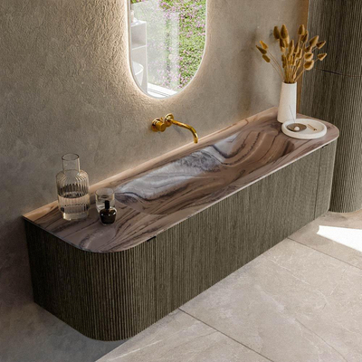 MONDIAZ KURVE-DLUX Meuble de salle de bains 160cm arrondi Gauche + Droite couleur Shadow avec 1 tiroir et 2 portes. Lavabo BIG MEDIUM Central sans trou de robinet Sombra.