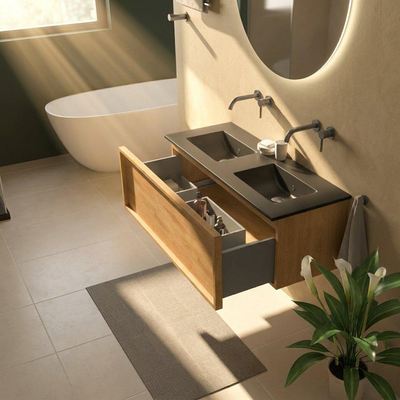 Saniclass Holz Frame Ensemble meuble de salle de bains - 120x45x42cm - Lavabo Vygo en céramique noir - 2 vasques - sans trous de robinetterie - 1 tiroir - chêne natural mat (bois)