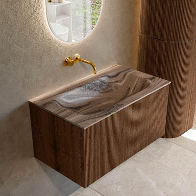 MONDIAZ KURVE-DLUX 80cm badmeubel kleur Walnut met 1 lade en 0 deuren. Wastafel BIG SMALL Midden zonder kraangat Sombra.