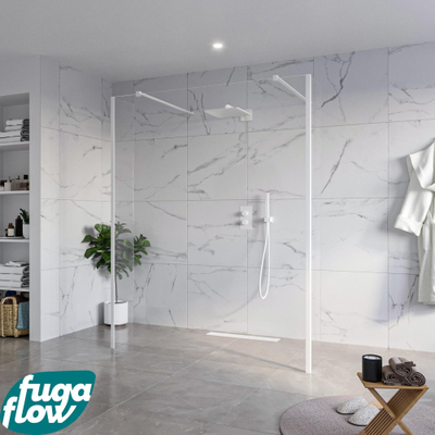 FugaFlow Eccelente Vetro Douche à l'italienne libre - 160x200cm - Clair - anti-calcaire - verre de sécurité 8mm - 2 parois latérales 40cm - avec bras muraux et profils d'angle - Blanc mat -