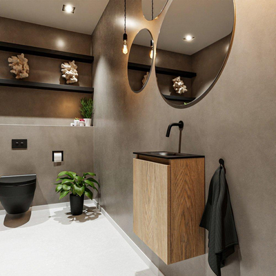 MONDIAZ TURE Fonteinset - 40x23x50cm - 0 kraangaten - 1 deur - washed oak mat - Wasbak midden - Solid Surface Zwart