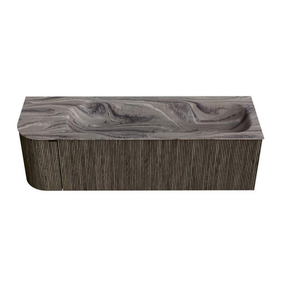 MONDIAZ KURVE-DLUX 145cm badmeubel ronding Links kleur Shadow met 1 lade en 1 deur. Wastafel BIG LARGE Rechts 1 kraangat Sombra.