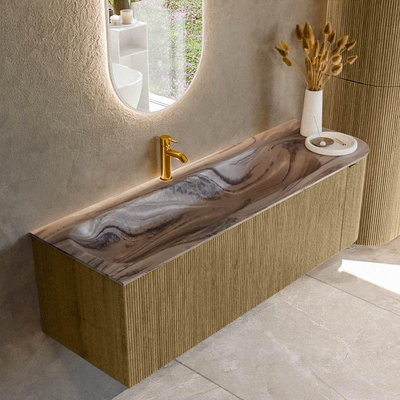 MONDIAZ KURVE-DLUX Meuble de salle de bains 145cm arrondi à droite couleur Dusk avec 1 tiroir et 1 porte. Lavabo BIG LARGE à gauche 1 trou de robinet Sombra.