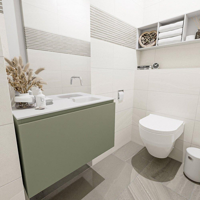 MONDIAZ OLAN Toiletmeubel 80x30x40cm met 0 kraangaten 1 lades army mat Wastafel Lex rechts Solid Surface Wit