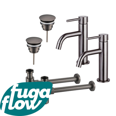 FugaFlow Eccelente Sobrado Badkamer Slim Wastafelkraanset - voor dubbele wastafel - lage wastafelkraan - always open plug - design sifon - PVD Gepolijst Gunmetal