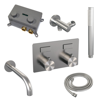BRAUER Brushed Edition mitigeur de baignoire encastré thermostatique - boutons-poussoirs SET 03 - bec - pomme de douche à main en barre - flexible de douche - coude d’alimentation mural - inox brossé PVD