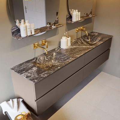 Mondiaz VICA-DLUX ensemble de meuble de salle de bain - 200cm - meuble sous-vasque fumée - 4 tiroirs - lavabo encastré nuage double - sans trous de robinet - version haute de 60cm - lave