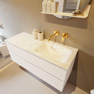 Mondiaz VICA-DLUX Ensemble de meuble de salle de bain - 120cm - meuble sous-vasque talc - 2 tiroirs - lavabo encastré cloud droite - sans trous de robinet - version haute de 60cm - ostra