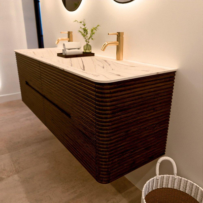 Mondiaz CIRO-DLUX Badkamermeubelset - 150x45x50cm - Solid surface wastafel Nata - 2 wasbak Dubbel - 2 kraangaten - 4 lades - Walnut