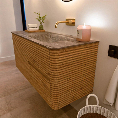 Mondiaz CIRO-DLUX Badkamermeubelset - 110x45x50cm - Solid surface wastafel Oza - 1 wasbak Rechts - zonder kraangaten - 2 lades - Oak