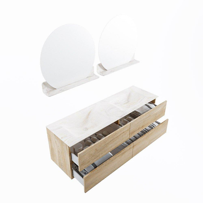 Mondiaz VICA-DLUX ensemble de meuble de salle de bain - 150cm - meuble sous-vasque chêne blanchi - 4 tiroirs - lavabo encastré cloud double - sans trous de robinet - miroir modèle spot - version XL 60cm de haut - ostra