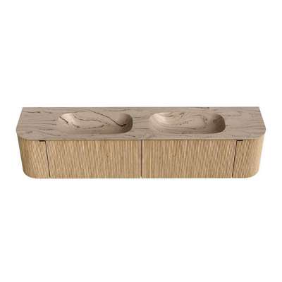 MONDIAZ KURVE-DLUX 200cm badmeubel ronding Links + Rechts kleur Oak met 2 lades en 2 deuren. Wastafel STOR SMALL Dubbel 2 kraangaten Arena.
