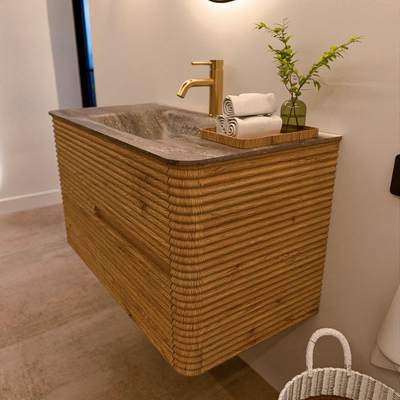 Mondiaz CIRO-DLUX Badkamermeubelset - 90x45x50cm - Solid surface wastafel Oza - 1 wasbak Midden - 1 kraangat - 2 lades - Oak