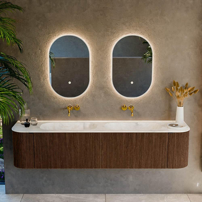 MONDIAZ KURVE-DLUX 190cm Meuble salle de bain avec module 25 G et D - couleur Walnut - 2 tiroirs - 2 portes - vasque STOR SMALL double - sans trou de robinet - couleur Ostra