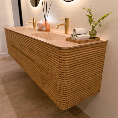 Mondiaz CIRO-DLUX Badkamermeubelset - 190x45x50cm - Solid surface wastafel Arena - 2 wasbak Dubbel - 2 kraangaten - 4 lades - Oak