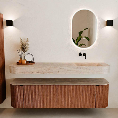 MONDIAZ THOR-DLUX 170cm meuble de salle de bains arrondi gauche + droite couleur Ruby avec 1 tiroir et 2 portes. Vasque suspendue CLOUD droite sans trou de robinet couleur Saba.