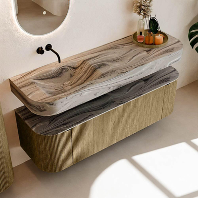 MONDIAZ THOR-DLUX 150cm meuble de salle de bains arrondi gauche + droite couleur Dusk avec 1 tiroir et 2 portes. Vasque suspendue CLOUD Gauche sans trou de robinet couleur Sombra.