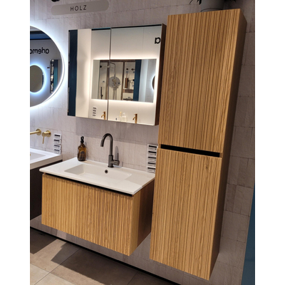 Saniclass Holz Base Badkameronderkast - 80cm inclusief kolomkast en spiegelkast en wastafel - eiken SHOWROOMMODEL