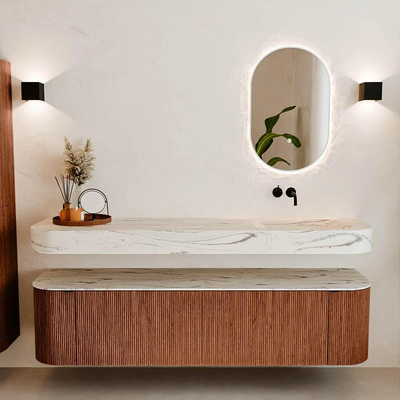 MONDIAZ THOR-DLUX Meuble de salle de bains 180cm arrondi gauche + droite couleur Ruby avec 2 tiroirs et 2 portes. Vasque suspendue CLOUD Droite sans trou de robinet couleur Nata.