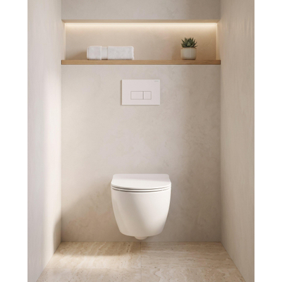 QeramiQ Dely Swirl Compact Toiletset - inbouwreservoir Geberit UP320 - met Burda frame - slim zitting - kunststof bedieningsplaat glans wit - rechthoekige knoppen - glans wit