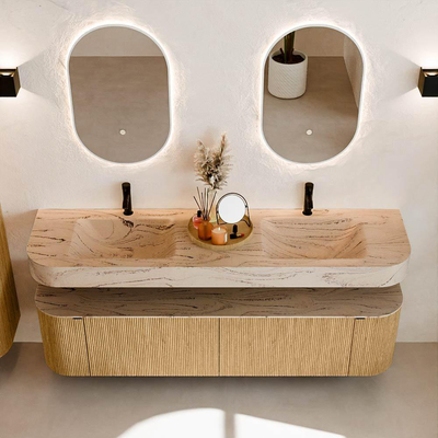MONDIAZ THOR-DLUX 180cm badmeubel ronding links + rechts kleur Oak met 2 lades en 2 deuren. Vrijhangende wastafel CLOUD Dubbel 2 kraangaten kleur Arena.