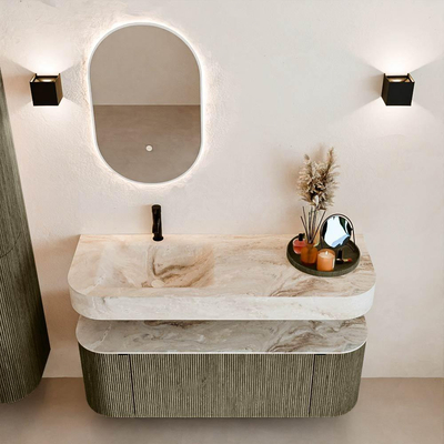 MONDIAZ THOR-DLUX 130cm meuble de salle de bains arrondi gauche + droite couleur Shadow avec 1 tiroir et 2 portes. Vasque suspendue CLOUD Gauche 1 trou de robinet couleur Frappe.