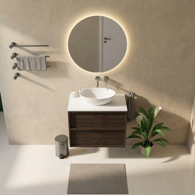 Saniclass Holz Frame Ensemble de meubles de salle de bains - 80x45x62.5cm - plan de travail Torino en solid surface blanc - sans trou de robinet - 2 tiroirs - chêne charcoal mat (bois)