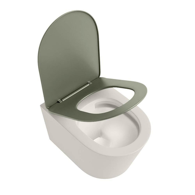 Mondiaz LAVIE hangtoilet – spoelrandloos – 36 x 53 cm – met softclose zitting – Linen (offwhite), zitting Army (groen)