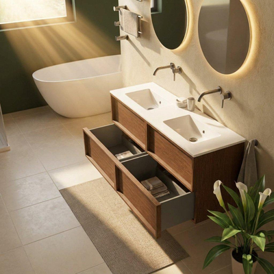 Saniclass Holz Frame Ensemble meuble de salle de bains - 140x45x62cm - Lavabo Vygo en céramique blanc - 2 vasques - sans trous de robinetterie - 4 tiroirs - brillant walnut pure (bois)