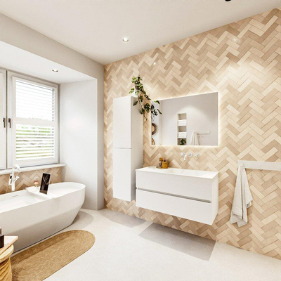 MONDIAZ VICA meuble sous lavabo 100cm Talc 2 tiroirs. Lavabo CLOUD droit sans trou de robinet, couleur Talc.