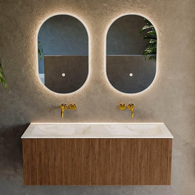 MONDIAZ KURVE-DLUX 120cm Meuble salle de bain - couleur Walnut - 1 tiroir - vasque LEAF double - sans trou de robinet - couleur Ostra